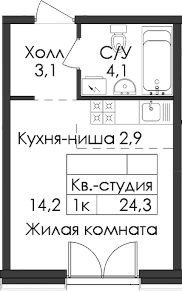 Квартира студия 24.3 м², 3/7 эт., ЖК «Лермонтовский 54»